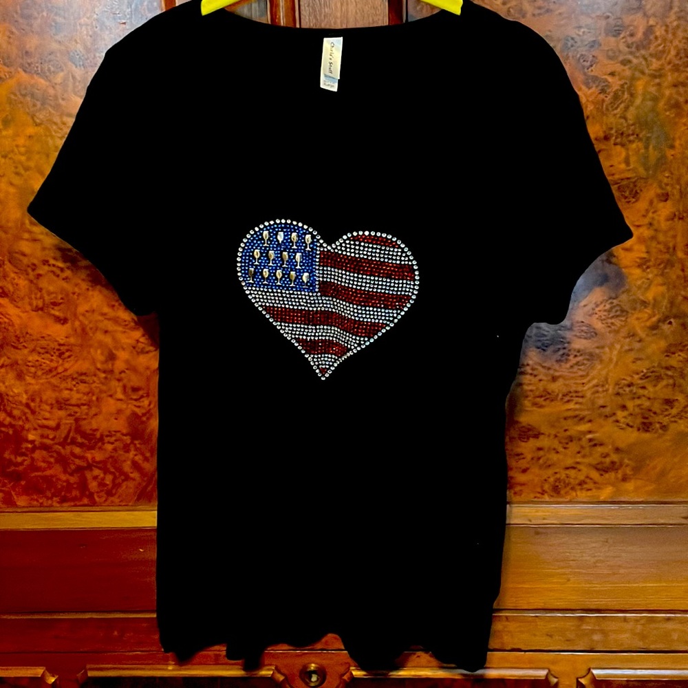 Black Sparkle American Flag Detail Short Sleeve Top
